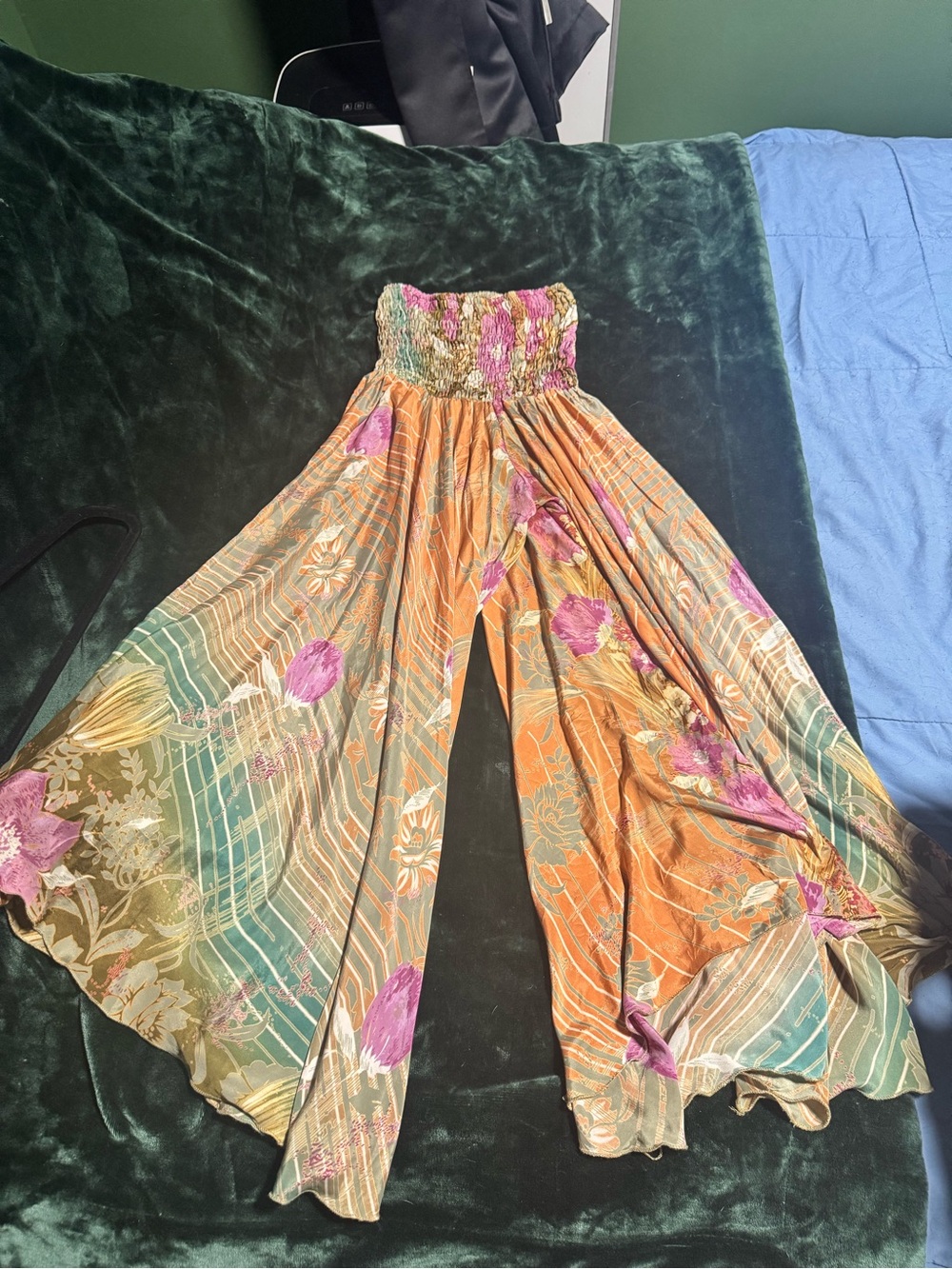 Bohemian Wide-Leg Floral Silk Palazzo Pants — Green & Orange